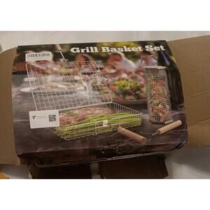 Grill Basket Set, Stainless Steel BBQ Tools, Removable Handle, Outdoor Cooking